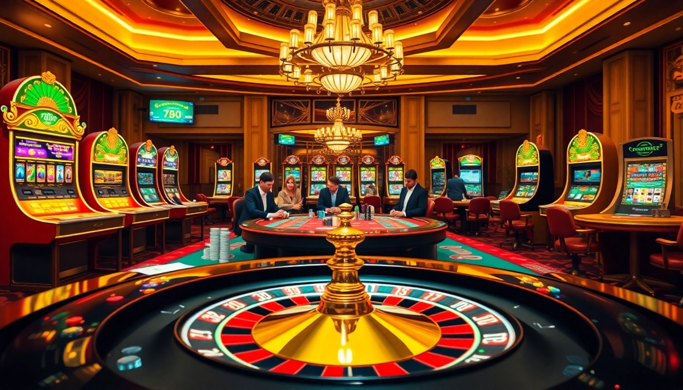 Exciting casino scene at 789bet featuring high-stakes poker and vibrant slot machines.