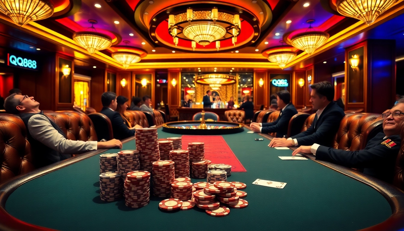 Experience the excitement of QQ888 at a luxurious poker table with vibrant chips and cards.