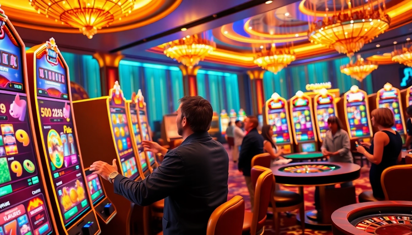 Excited player spinning a máquina tragamonedas at a luxurious 슬롯사이트 casino.