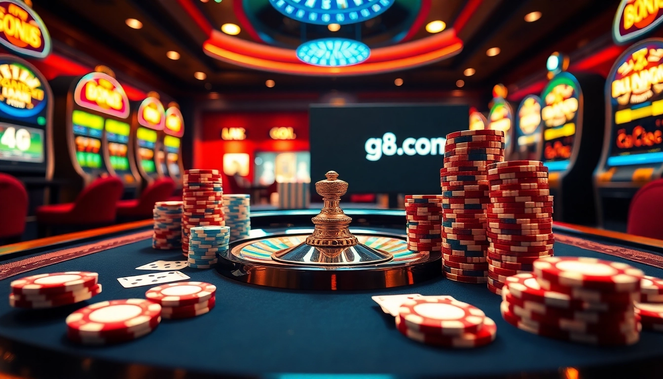 Experience the excitement of go8.com with vibrant casino elements including a roulette table and poker chips.