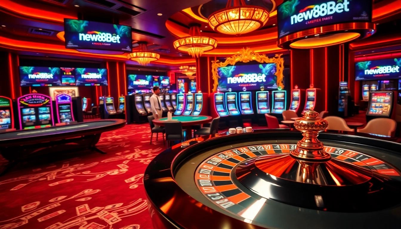 Exciting casino scene showcasing new88bet with roulette, poker, and vibrant slots.