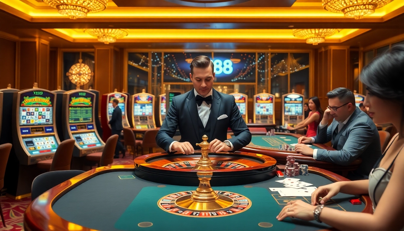 Excited gamblers at xx88 playing poker and roulette in a vibrant casino atmosphere.