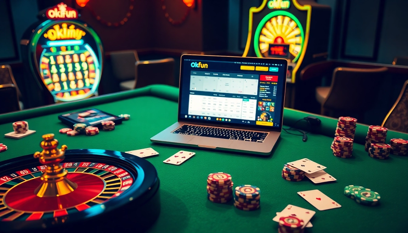 Experience thrilling gambling with Okfun's online casino platform featuring roulette, poker chips, and vibrant slot machines.