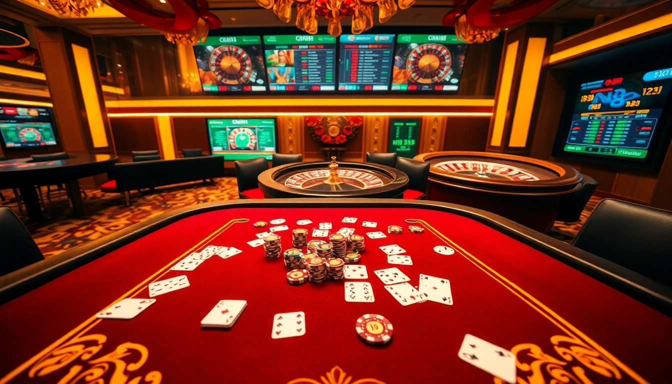Experience high-stakes gaming at mg188 with vibrant poker and roulette scenes.