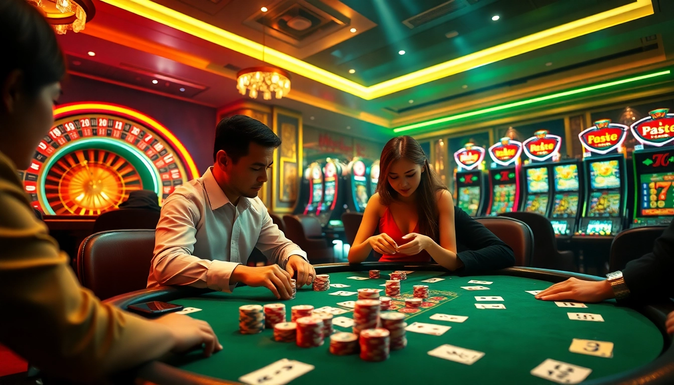 Engaged players at a luxurious poker table in MM88 COM, showcasing excitement in casino gaming.