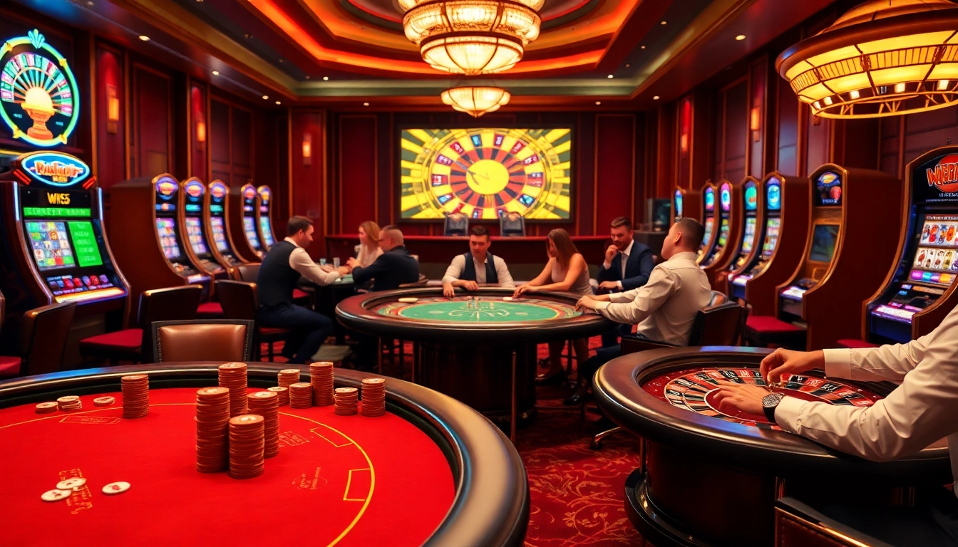 Experience the excitement of win55 at an upscale casino with poker tables and vibrant slot machines.