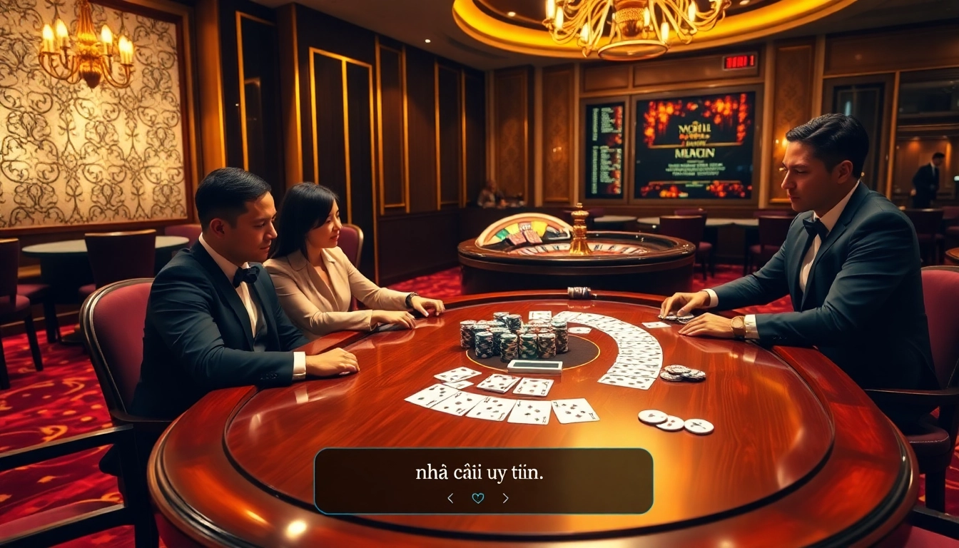 Experience high-stakes excitement at a luxurious casino, showcasing nhà cái uy tín with poker and roulette.
