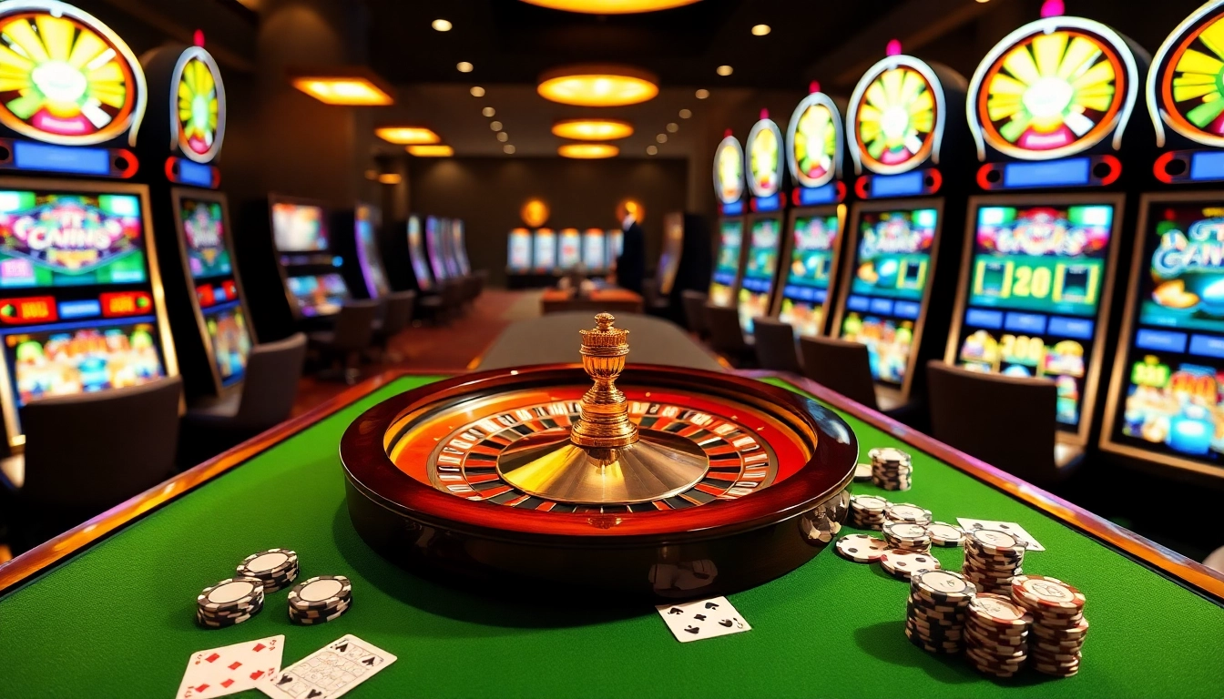 Exciting casino action at 6slots8 com with a roulette wheel, poker chips, and playing cards.
