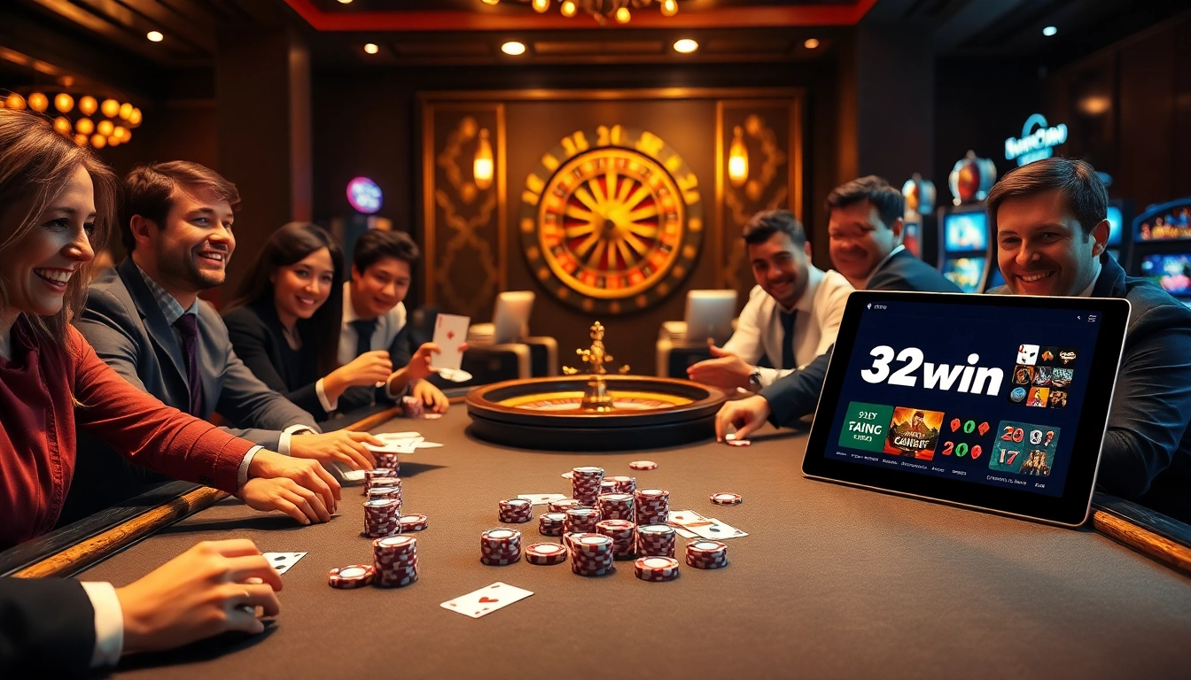 Experience excitement at 32win com with poker chips and a winning roulette wheel.