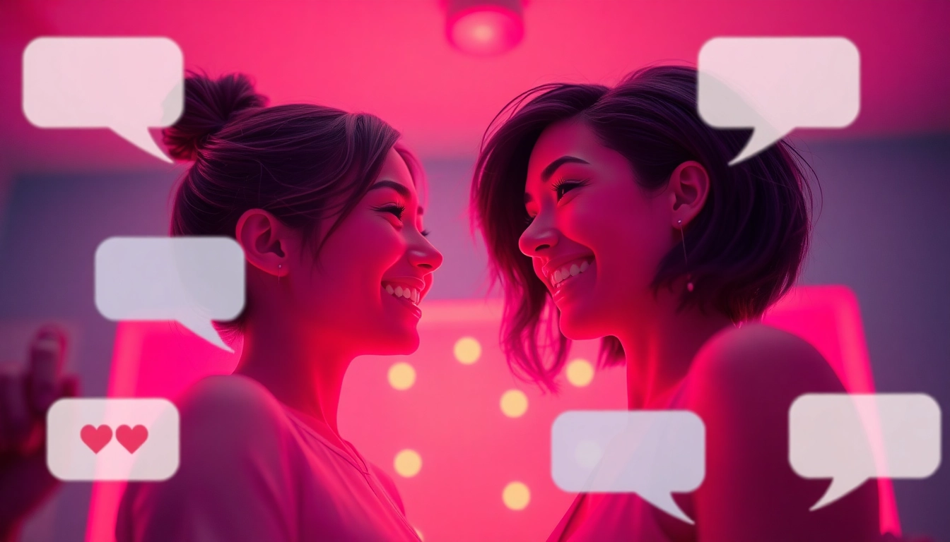 A lively interaction between digital avatars in a 'sex ai chat' setting, showcasing playful dialogue and warm colors.