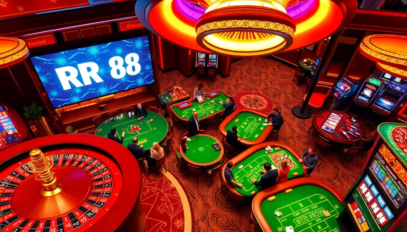 Experience the thrilling atmosphere of RR 88 with vibrant casino games and excited players.