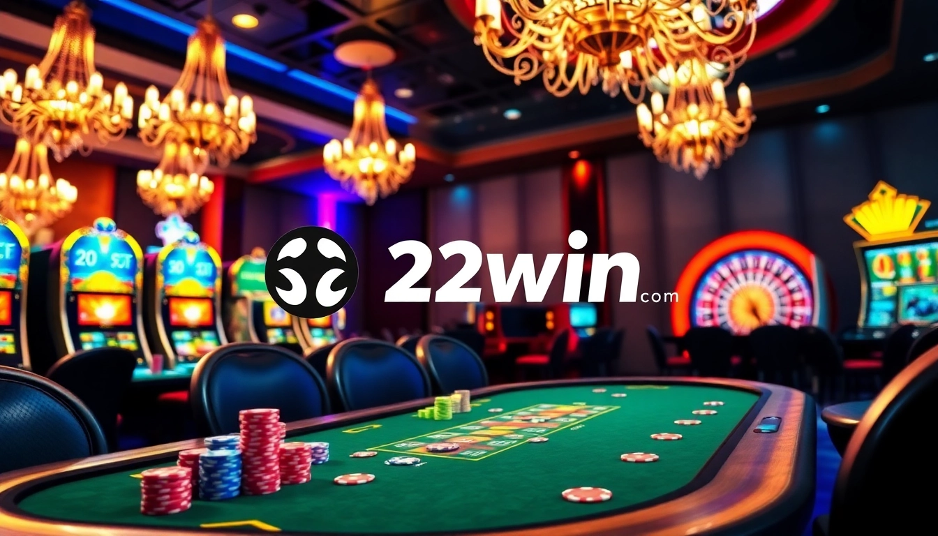 Exciting casino scene featuring 32win.com logo with vibrant poker games and slot machines.