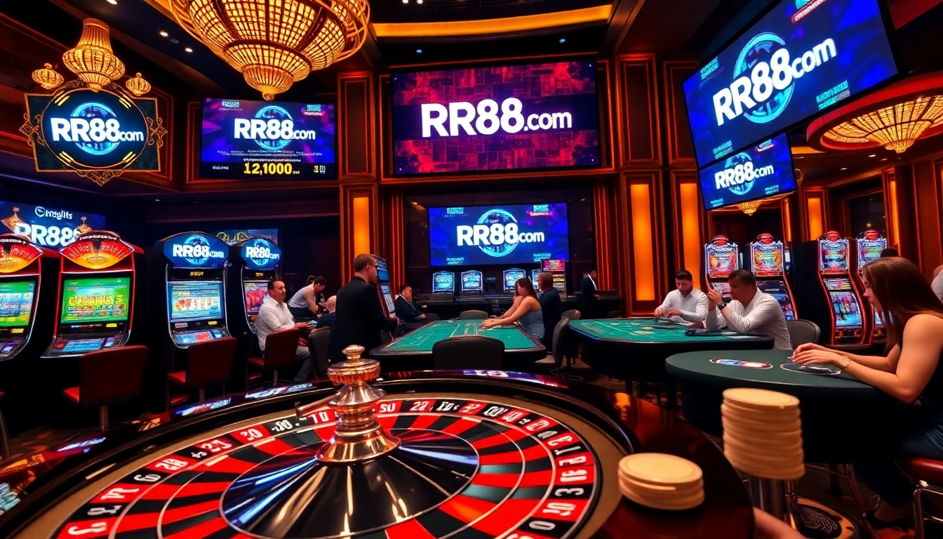 Exciting gambling scene showcasing RR88com with poker chips, roulette wheel, and slot machines.