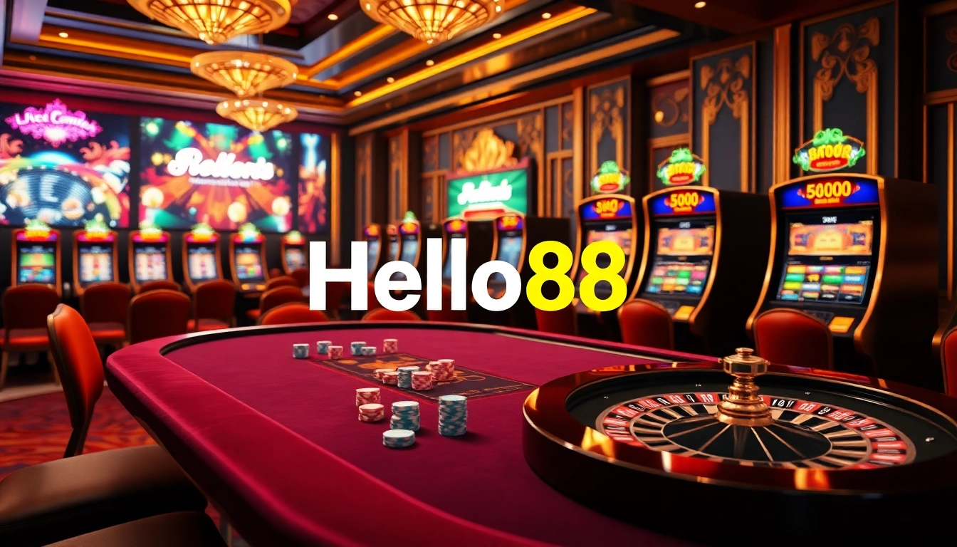 Hello88 casino scene showcasing vibrant poker tables and elegant slot machines.