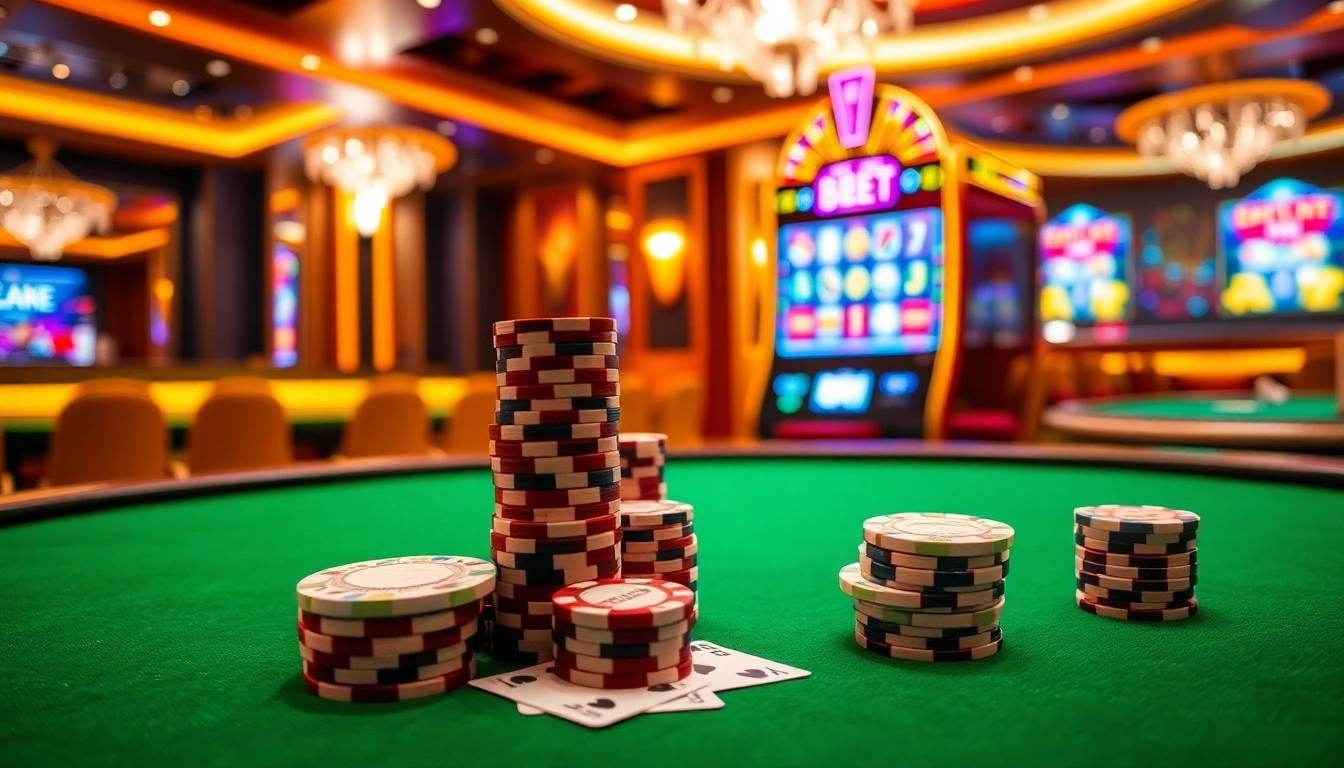 Experience exciting gameplay at 8kbet with vibrant poker chips and casino tables lighting up the scene.