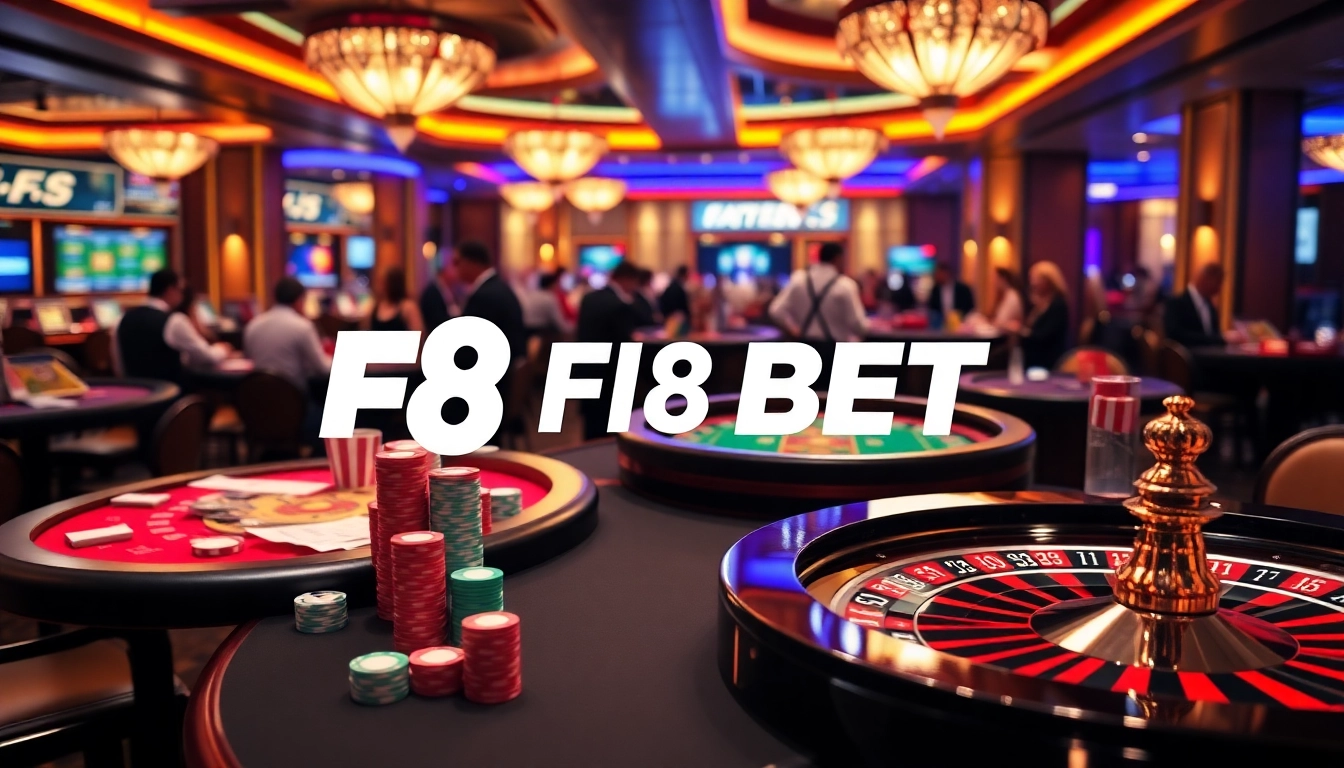 Exciting casino atmosphere at F8 BET with vibrant tables and gaming action.
