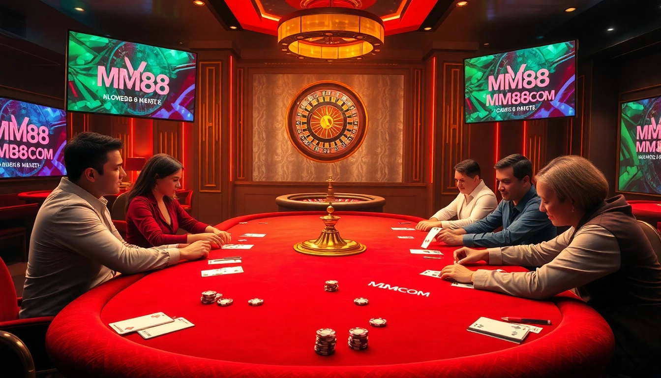 Engage in thrilling card games at the MM88 COM elegant casino, complete with poker chips and roulette.