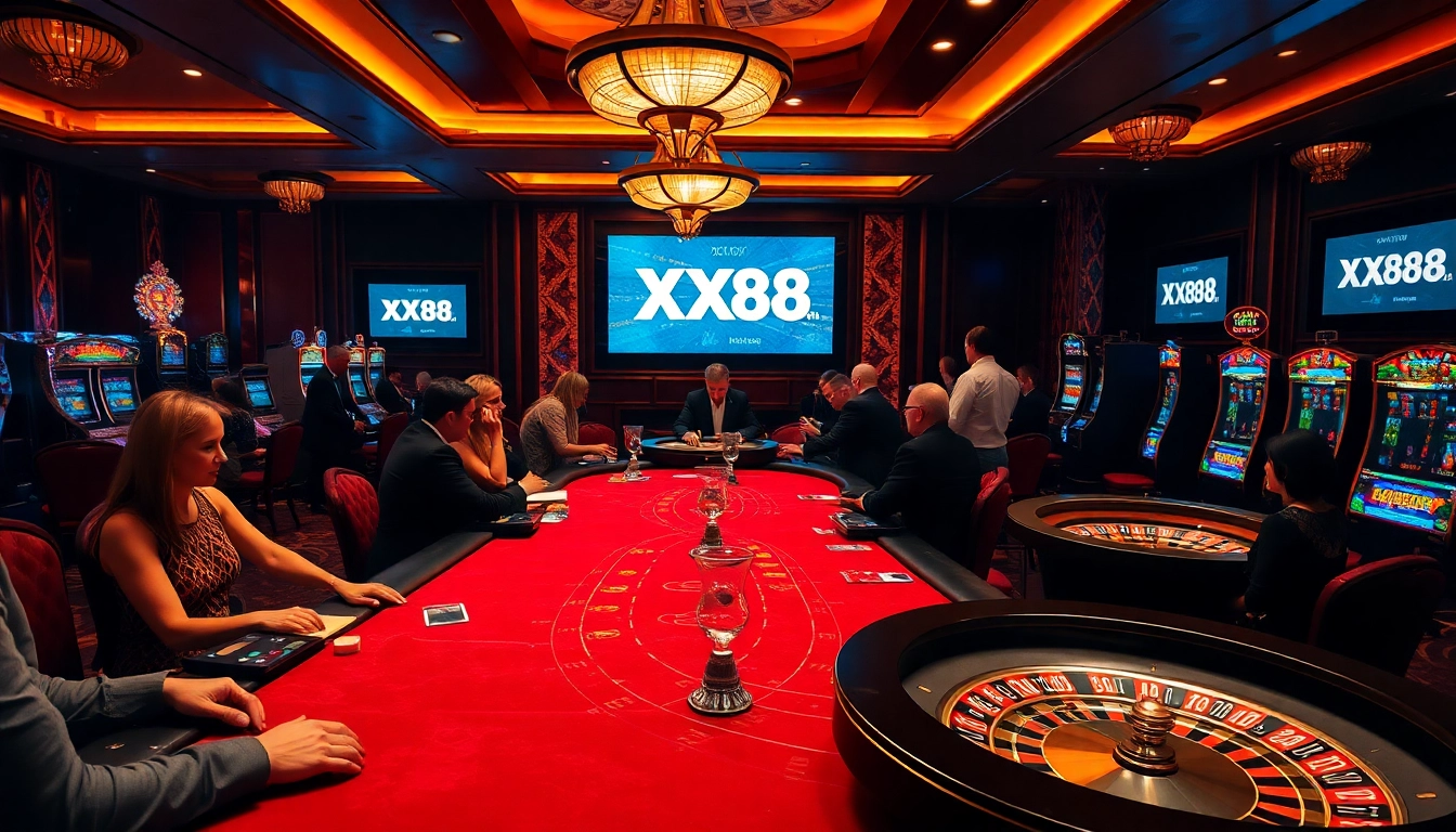 Engage in thrilling gameplay at XX88.AI with vibrant tables, poker chips, and roulette wheels.