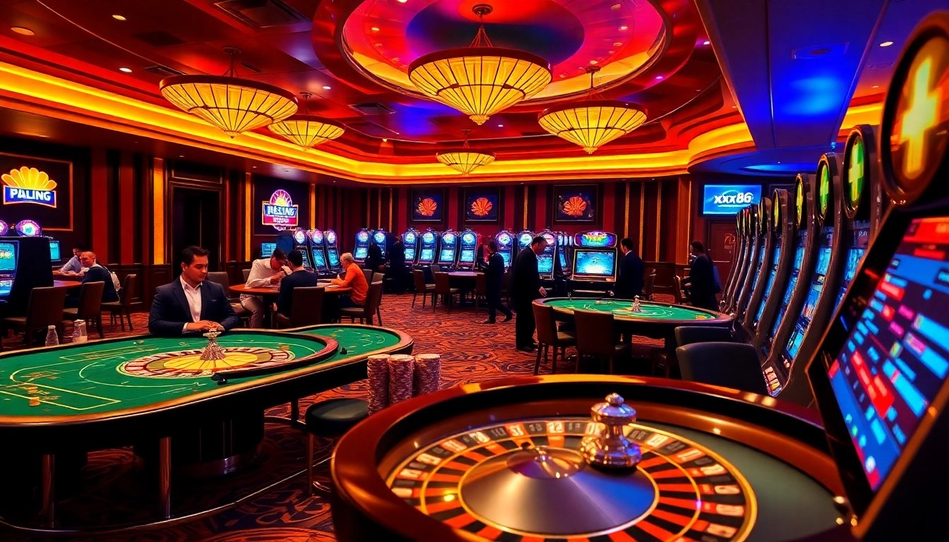 Online gamblers enjoying thrilling games at https://xx88.nl/ casino with vibrant décor and energized atmosphere.