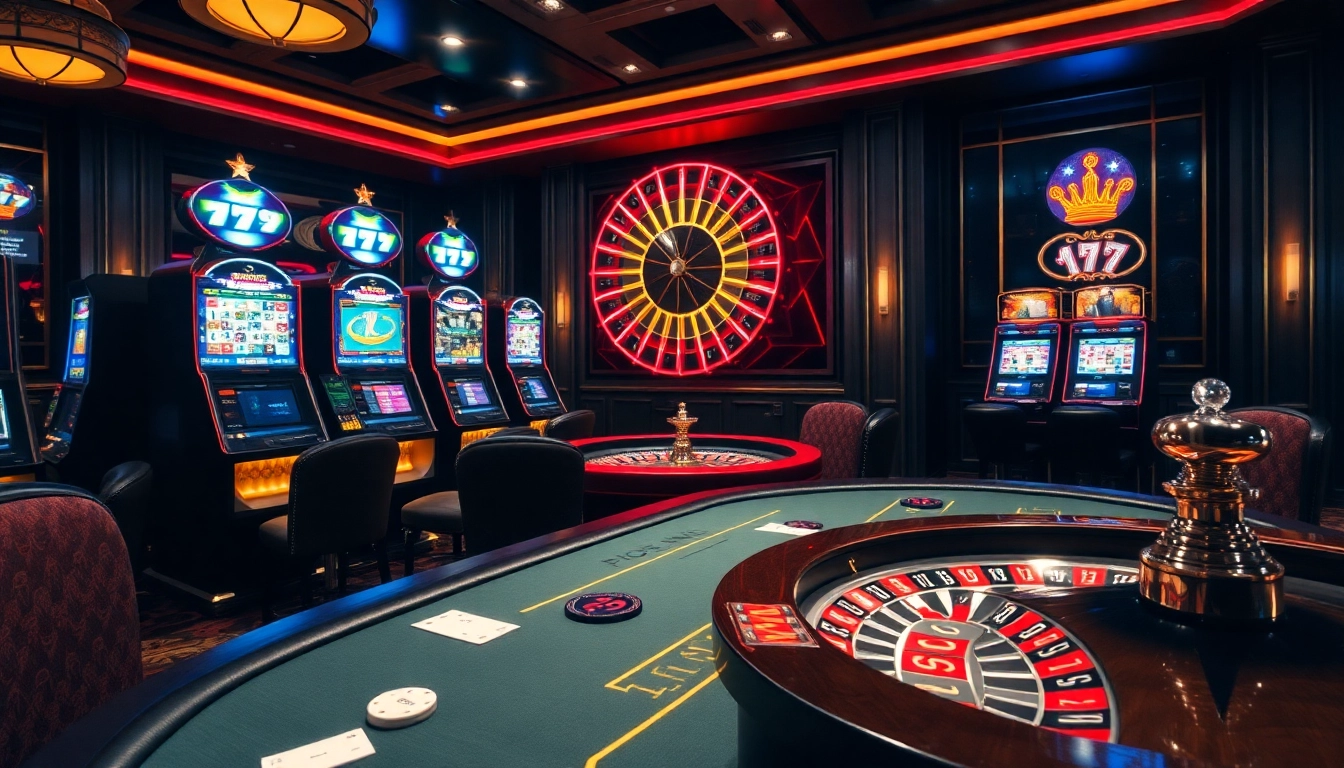 Experience the excitement of 79king with vibrant slot machines and a spinning roulette wheel.