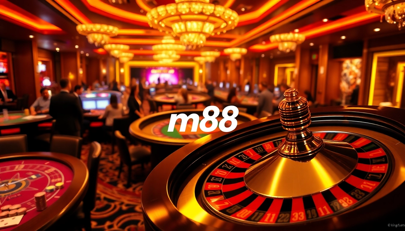 Excited gamblers at a vibrant M88 casino scene with roulette and poker tables.
