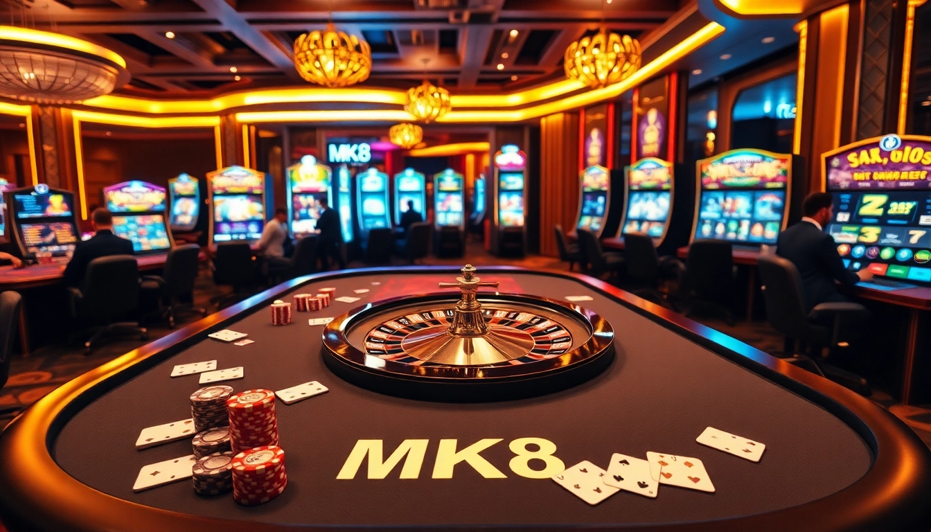 Excited players engage in MK8 gambling at a luxurious online casino with colorful slot machines.