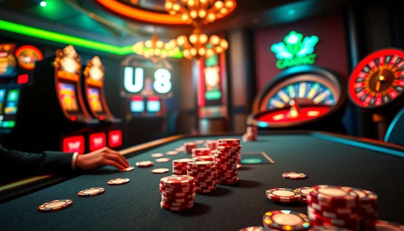 Experience the excitement of U 888 with luxurious casino tables and vibrant slot machines.