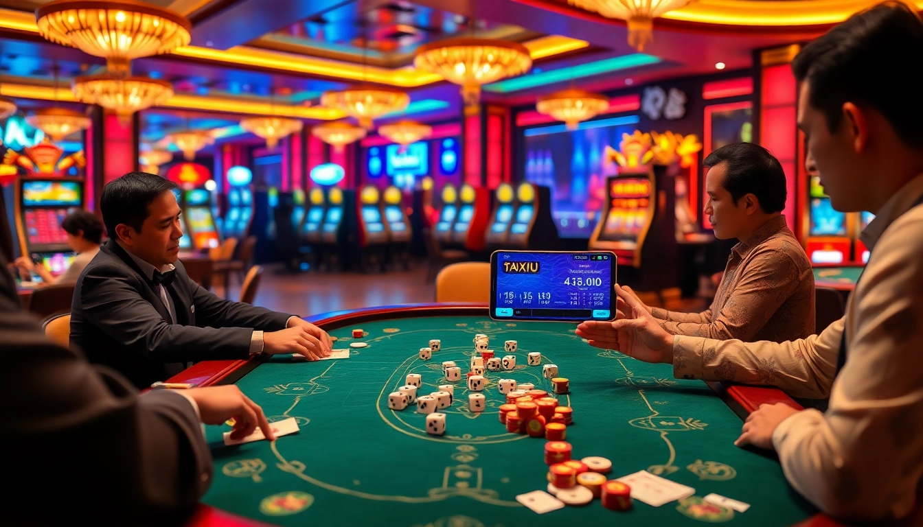 Players enjoying a thrilling game of Taixiu at a luxurious casino table with vibrant colors.