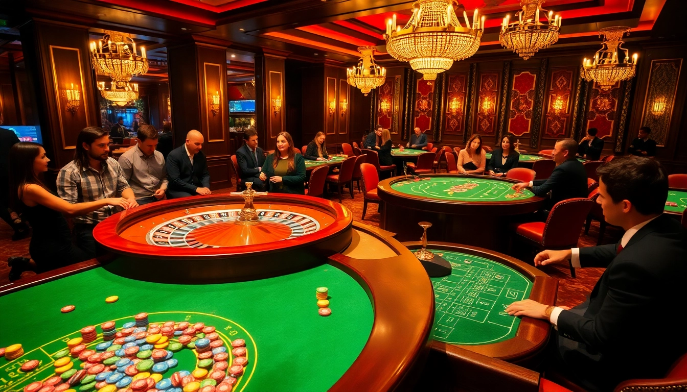 Exciting GO88 casino scene with vibrant tables and players engaged in gambling action.