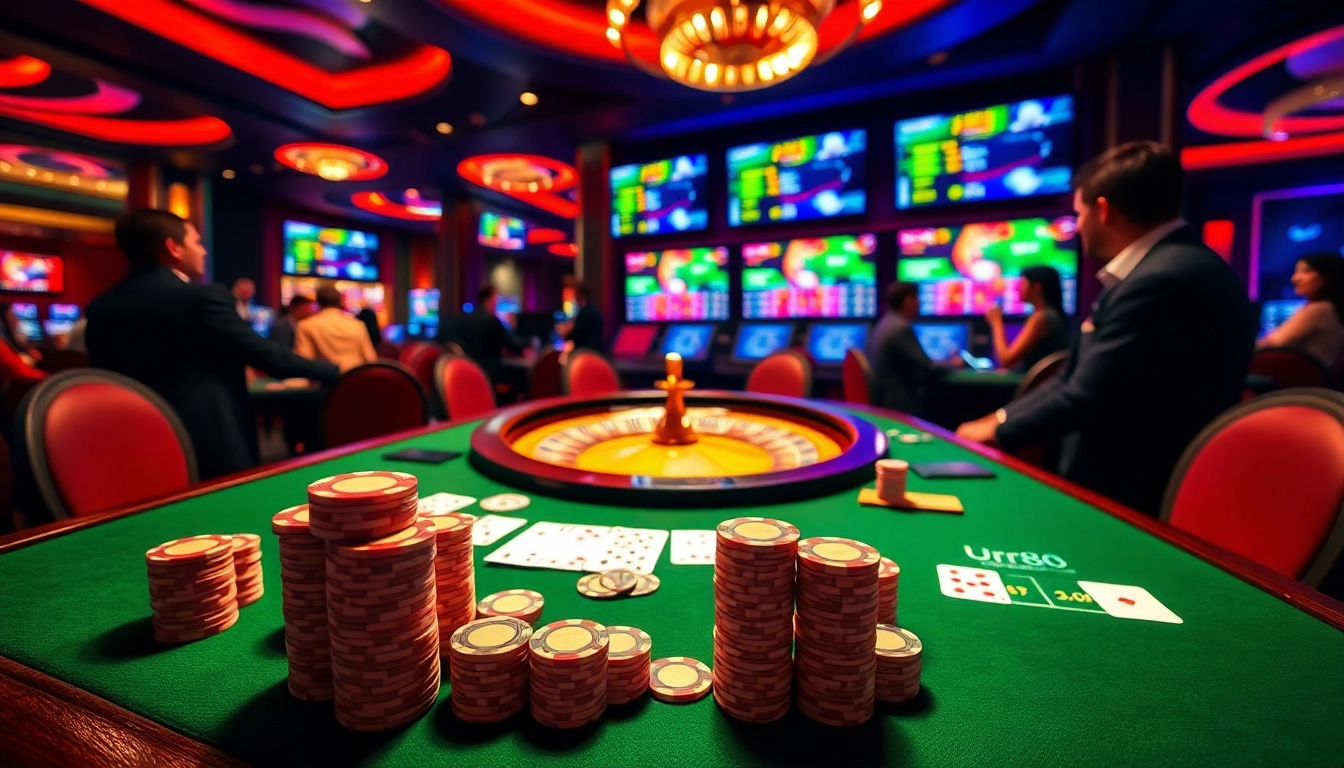Engaging casino atmosphere at urr88.com featuring poker chips and a roulette wheel.