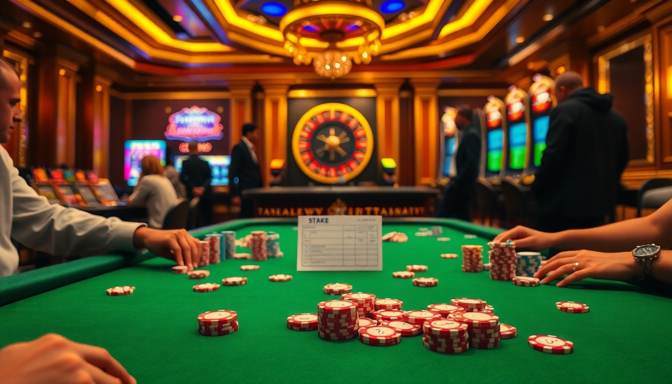 שחקנים סביב שולחן פוקר מלא חיים נהנים מהימורים גבוהים בקזינו יוקרתי.