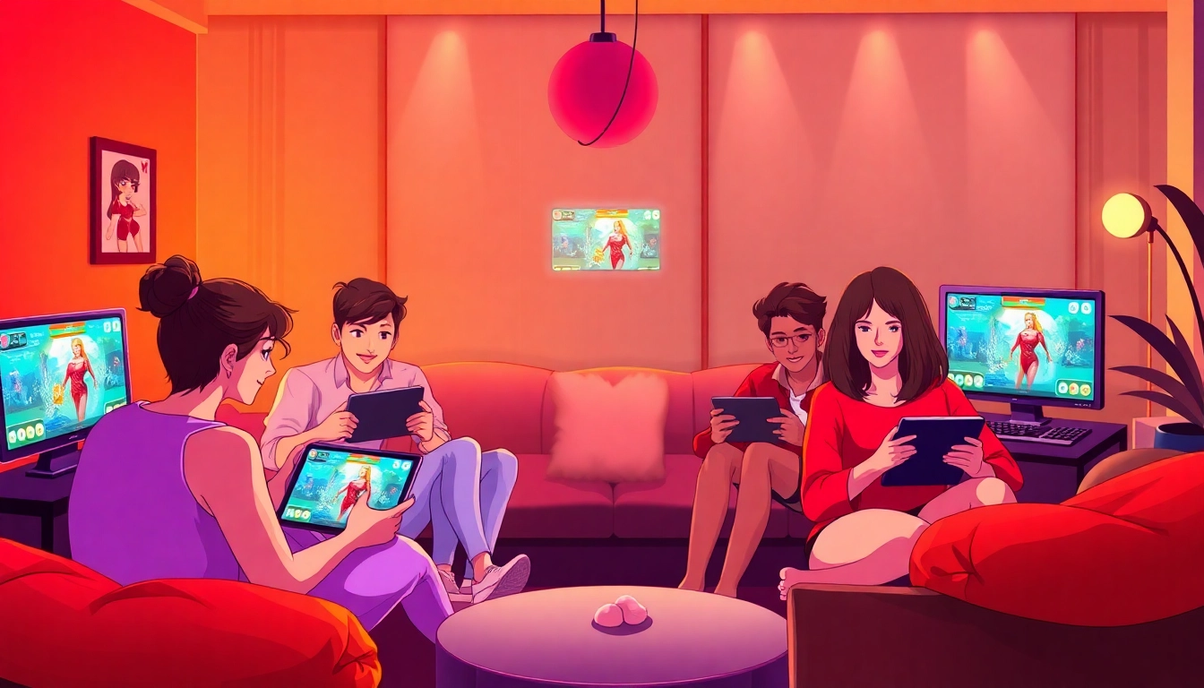 Engaging scene of players enjoying sex games on various devices, illustrating a vibrant gaming atmosphere.