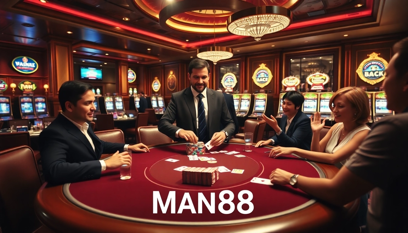 Experience an exciting poker game at Man88 casino with vibrant chips and cards.