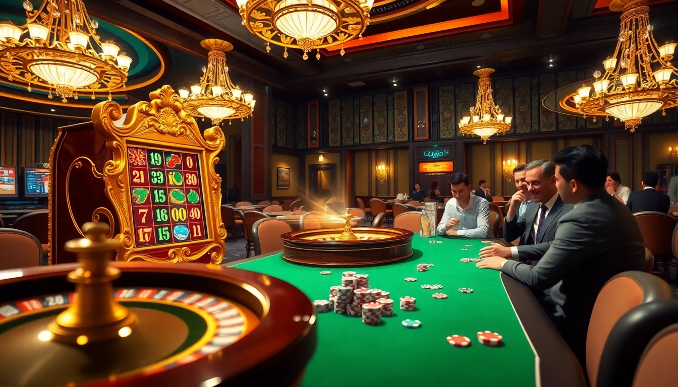 Luxury12 gaming scene with elegant slot machines and exciting roulette wheel.