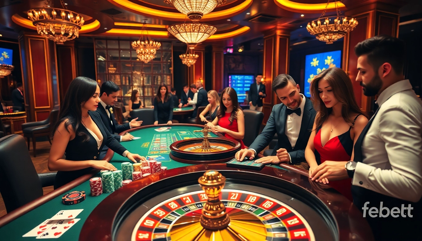 febet gamers strategizing at a high-stakes poker table amidst vibrant casino action.