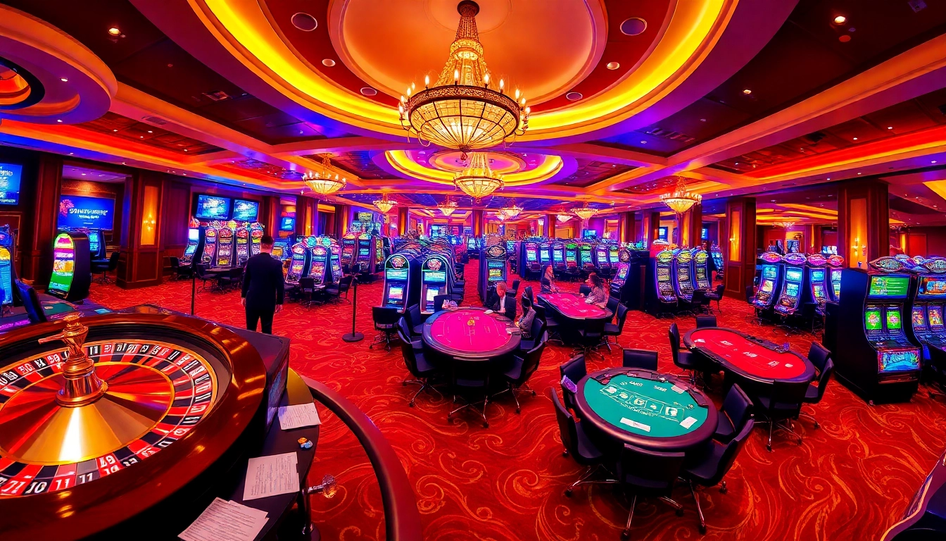 Engaging casino scene with roulette, poker, and slot machines at https://kubetkyc.com, showcasing players and excitement.