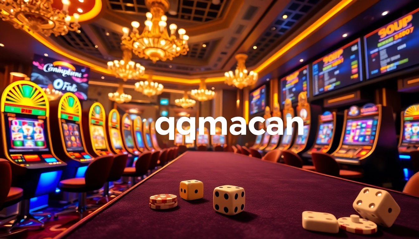 Engage with qqmacan, showcasing a vibrant online slot game setup in a luxurious casino ambiance.
