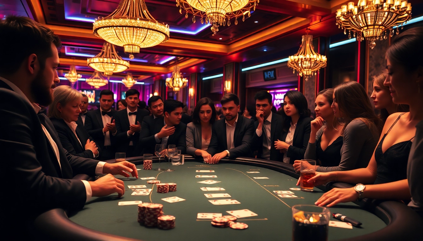 Exciting poker game in a luxurious casino setting with elegant players and vibrant chips.