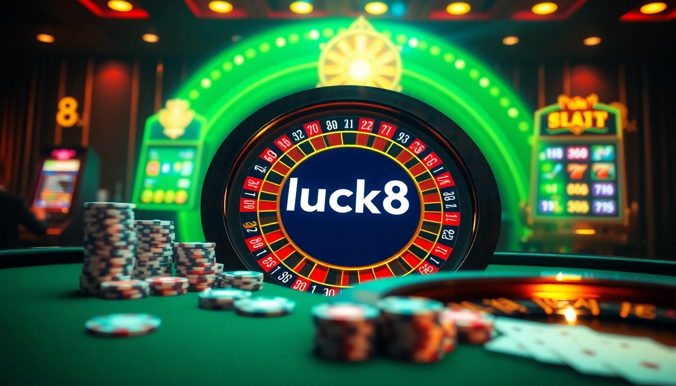 Experience luck8 at this vibrant casino scene featuring a roulette wheel, poker chips, and cards.