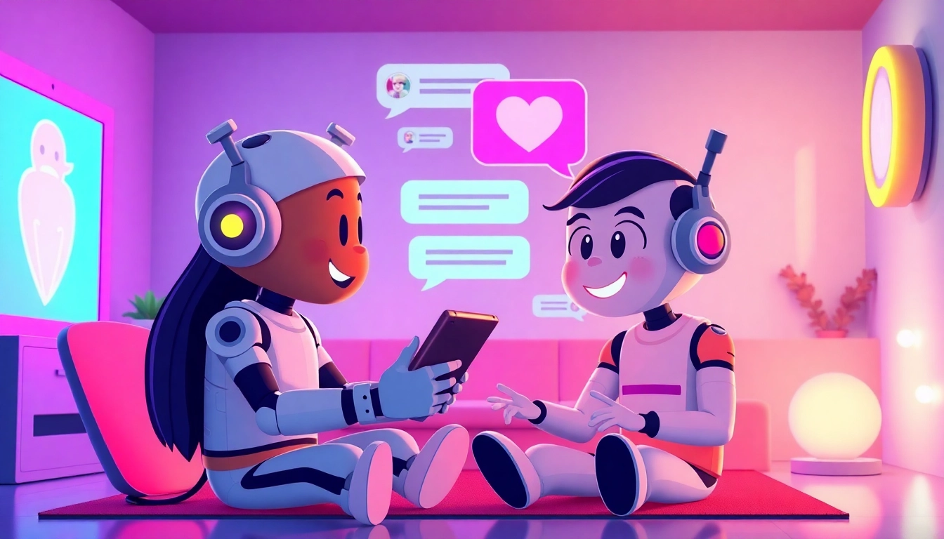 Engaging digital illustration depicting nsfw-themed AI character interactions in a playful virtual chat.
