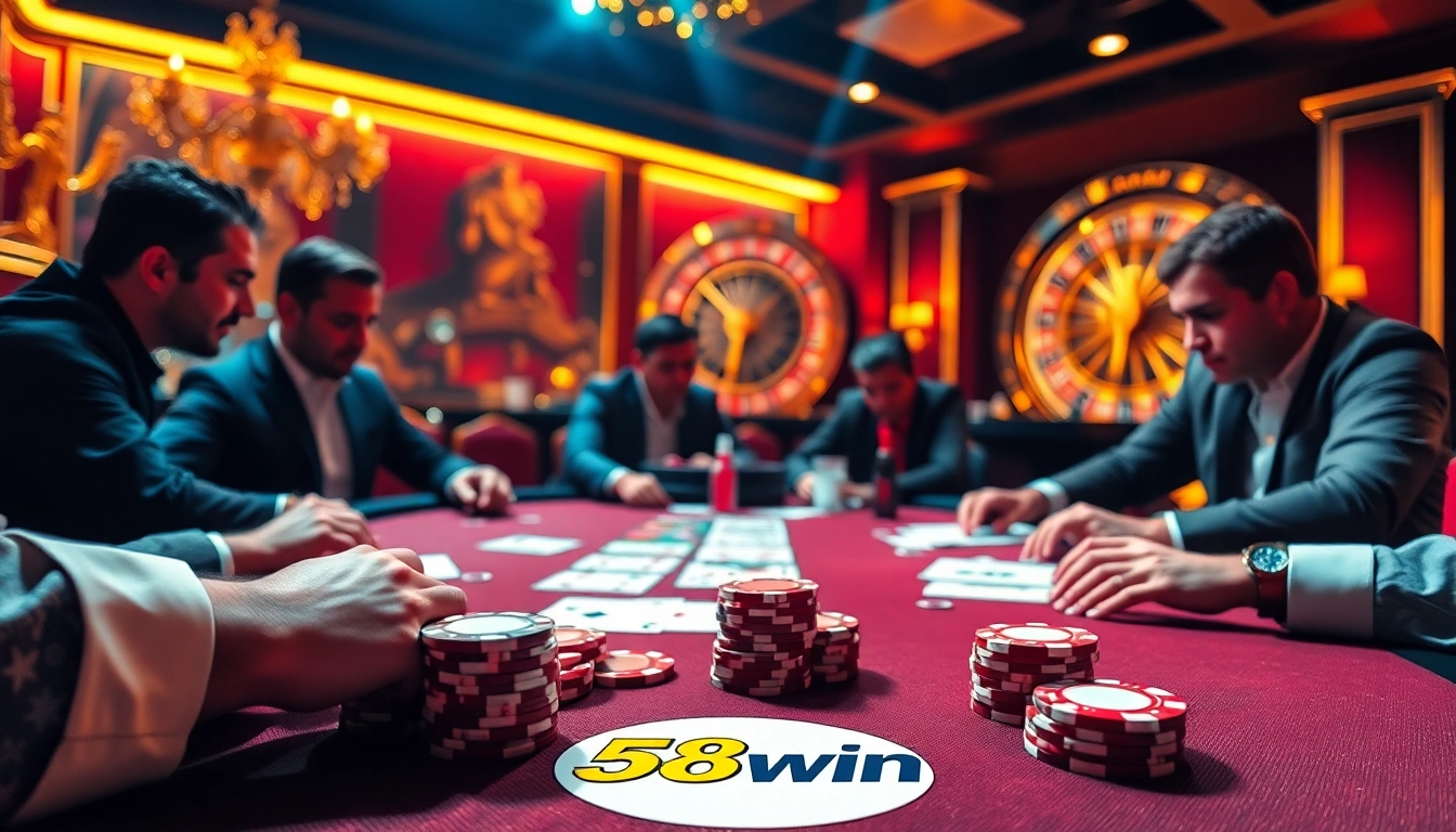 Players strategizing a poker game at the 58win casino, showcasing high-stakes excitement.