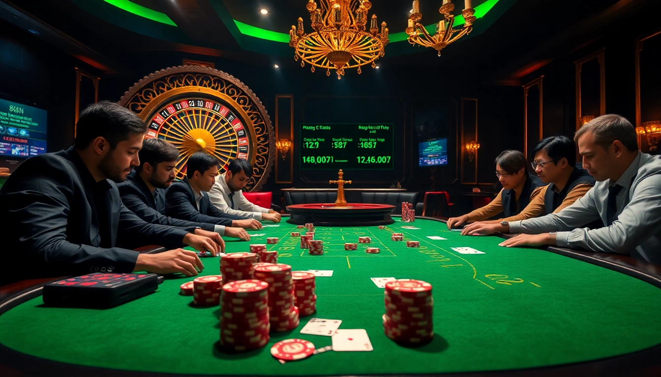 Players strategizing at a high-stakes poker table, showcasing 88i's luxurious gambling experience.