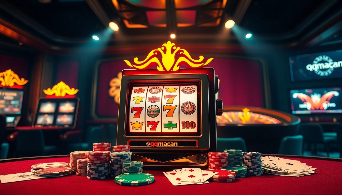 Engage in thrilling gameplay at qqmacan, featuring a vibrant slot machine amidst luxurious casino surroundings.