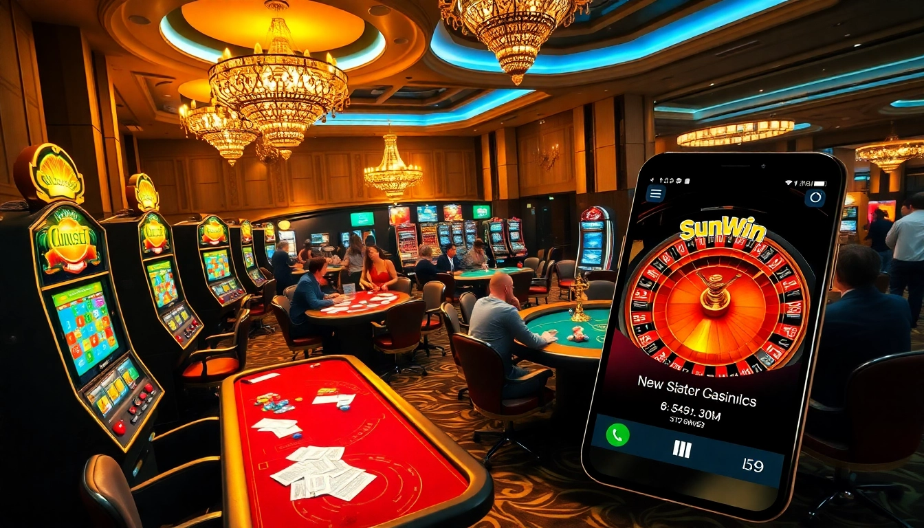 Sunwin players enjoy thrilling casino action at vibrant tables and slot machines.