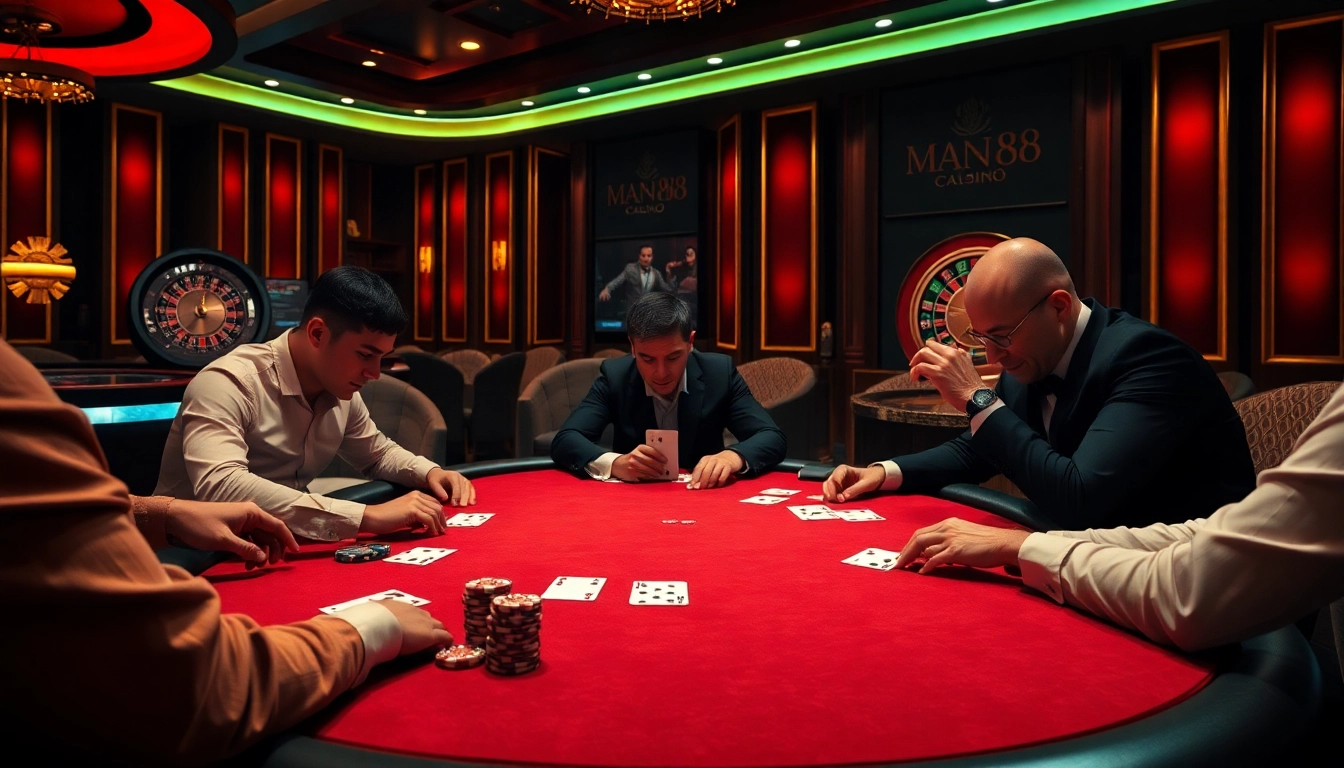 Experience high-stakes gaming at Man88 featuring intense poker play with luxurious casino elements.