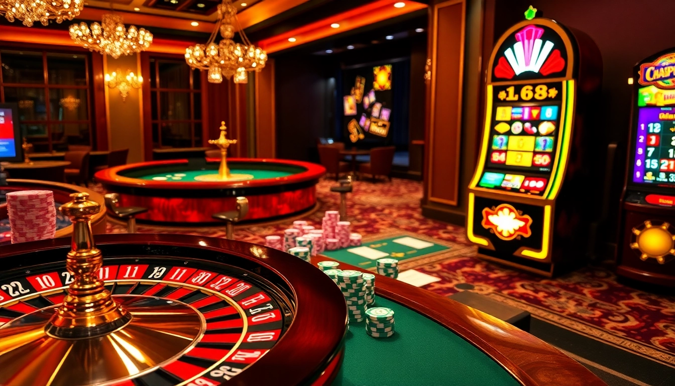 A vibrant casino atmosphere showcasing https://kk55.blue/ with roulette and poker chips.