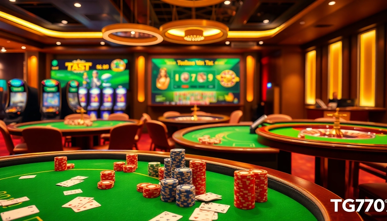 Engage in thrilling online games at TG777, featuring vibrant casino tables and interactive gaming interfaces.