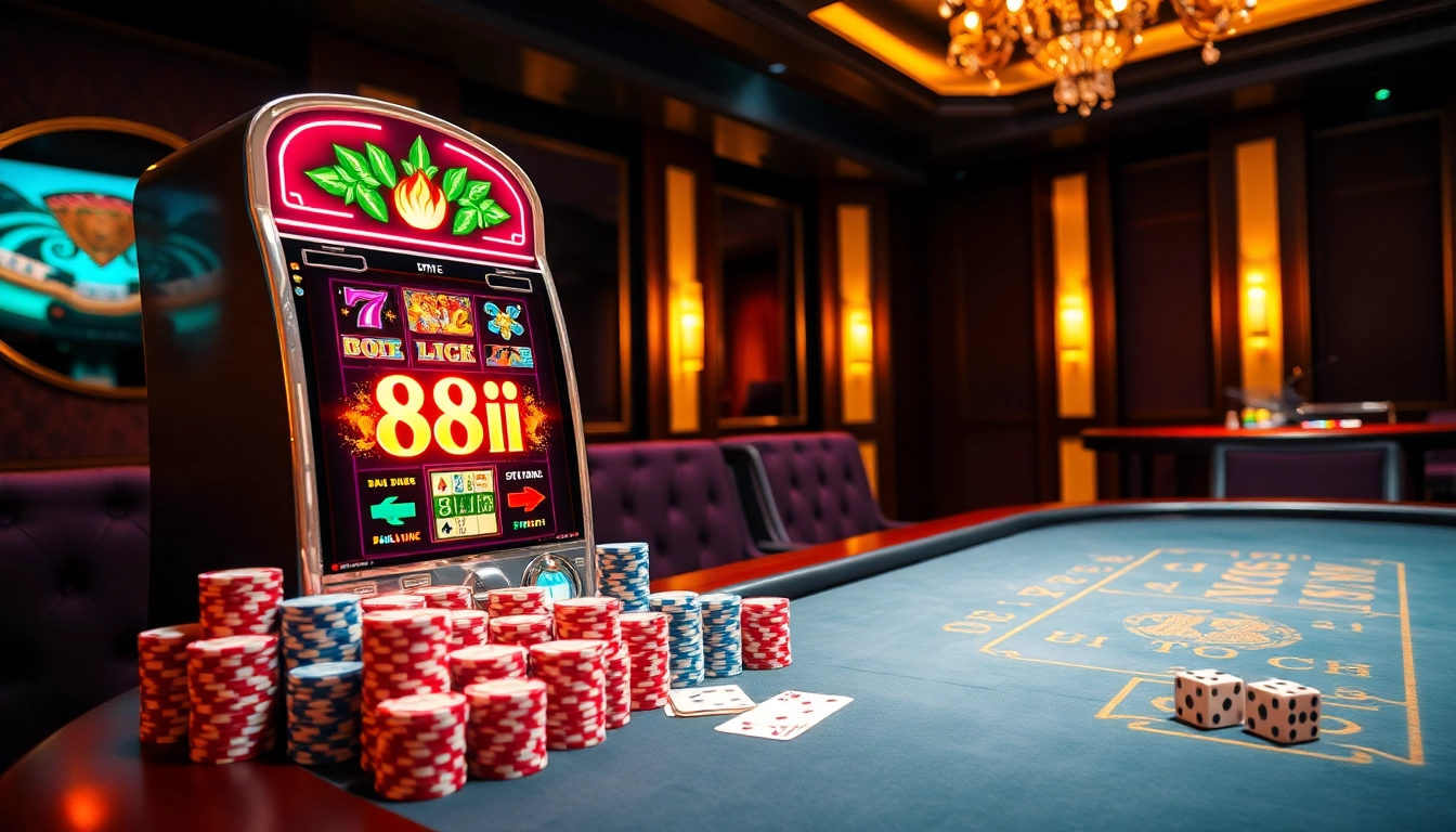 Experience high-stakes gaming at 88i's luxurious casino tables with vibrant slot machines and poker chips.