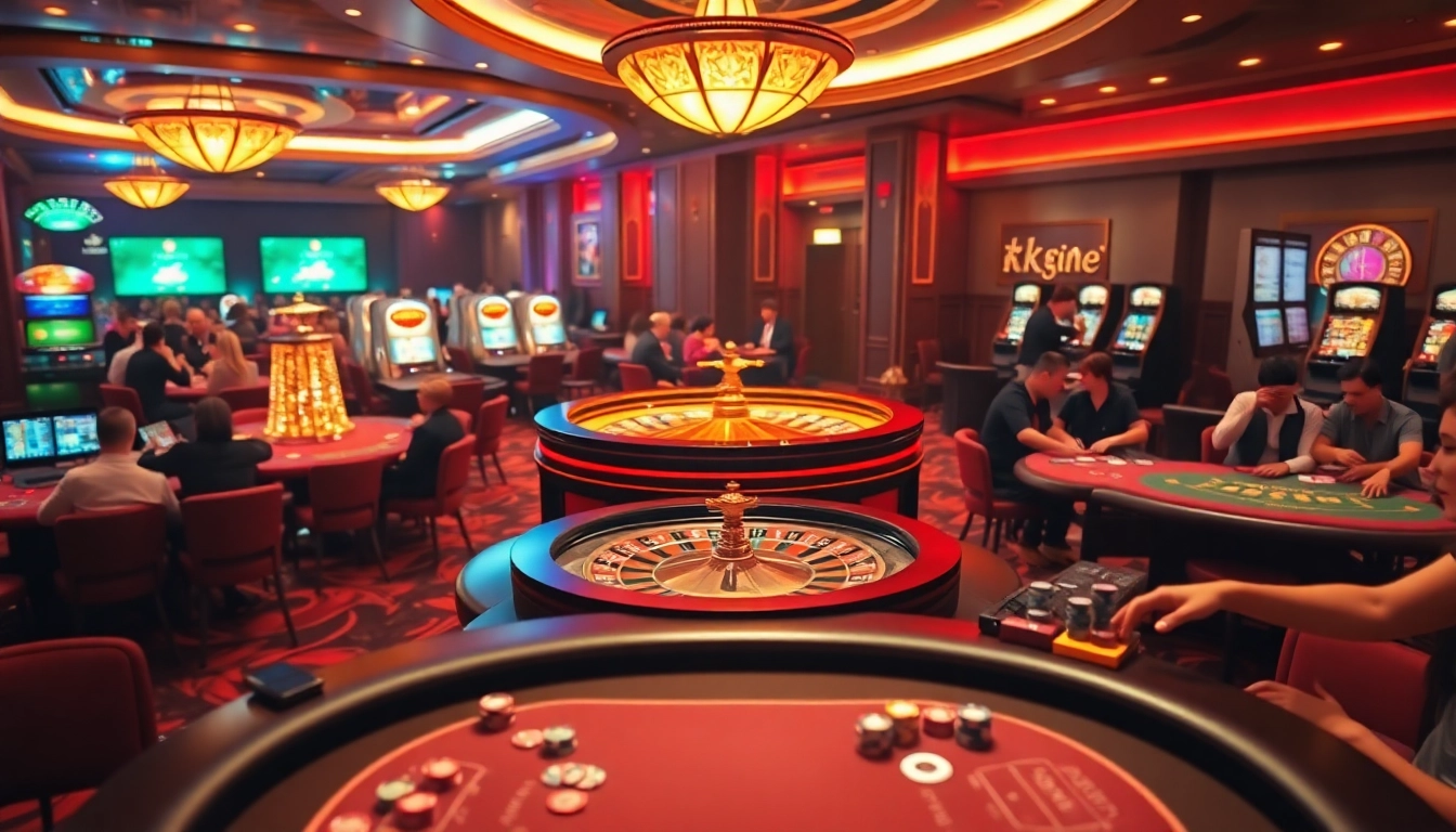 Players enjoy thrilling games at a luxurious casino featuring vibrant tables with chips and cards, representing https://kk55.group.