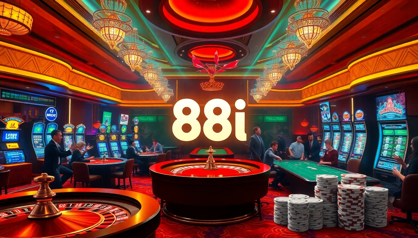 Excited gamblers enjoying the 88i online casino experience with vibrant slot machines and roulette tables.
